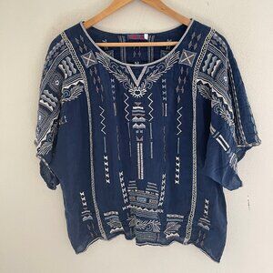 JOHNNY WAS Intricately Embroidered Dark Blue Top: Size Small (Runs LARGE!!)